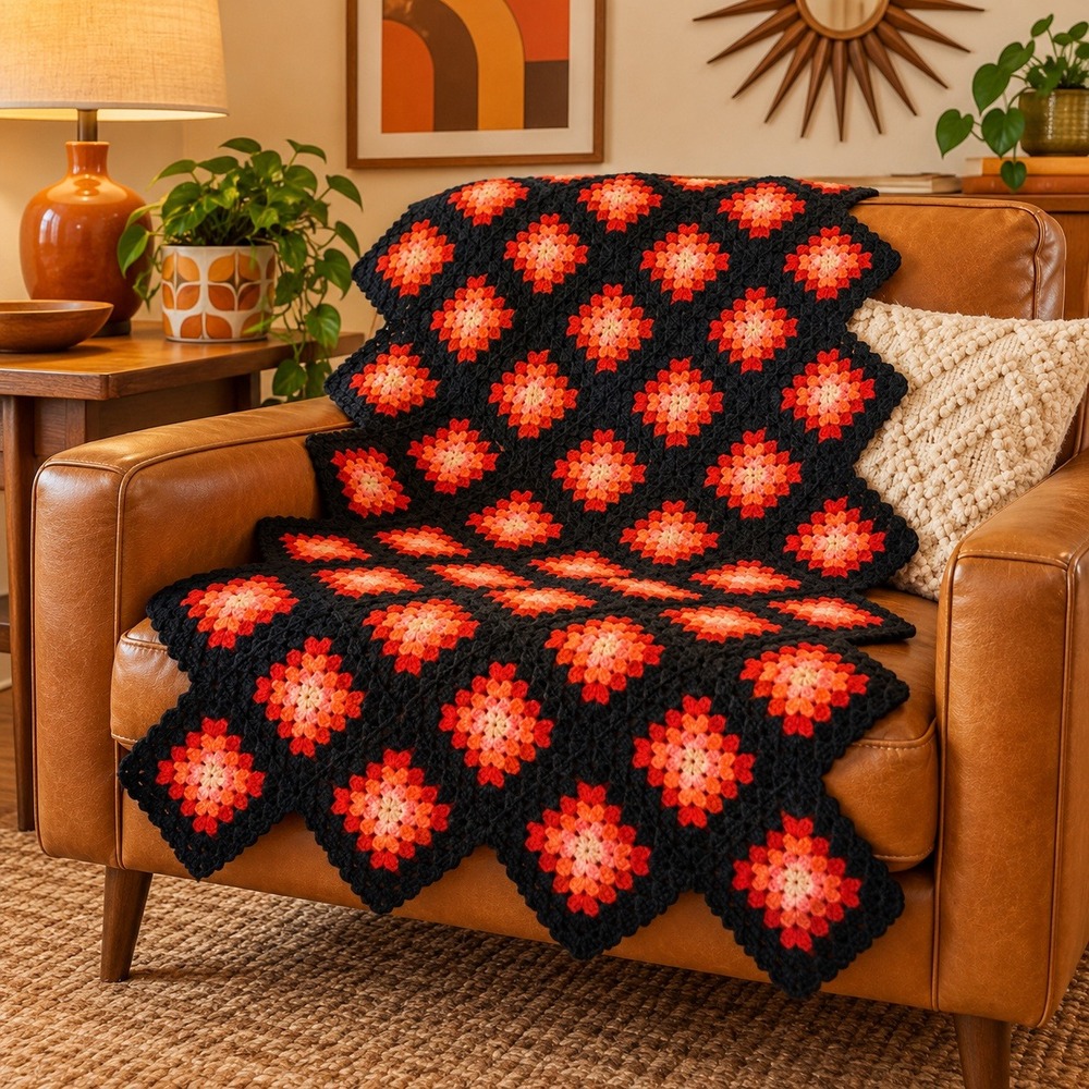 Vintage 1970s Granny Square Hand Crocheted Throw Blanket Black Orange Red 46x34